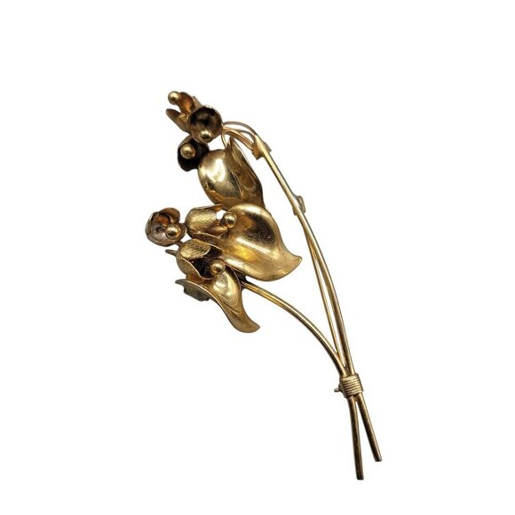 Large Flower Brooch Gold Plated Stemmed Floral Vinatge Large Pin - Picture 5 of 7